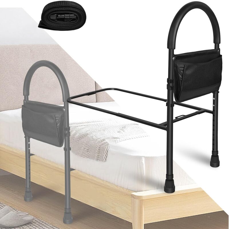 foto del prodotto maniglie per letto di sostegno per anziani, altezza 83 113 cm, regolabile, borsa portaoggetti, maniglia antiscivolo per letto di cura, accessori per