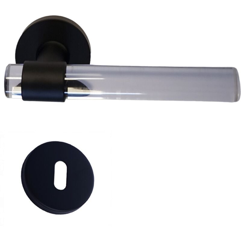 foto del prodotto maniglie per porte joy incolore plexiglass cristallo nero base in acciaio inox 1 coppia di rose con foro per la chiave