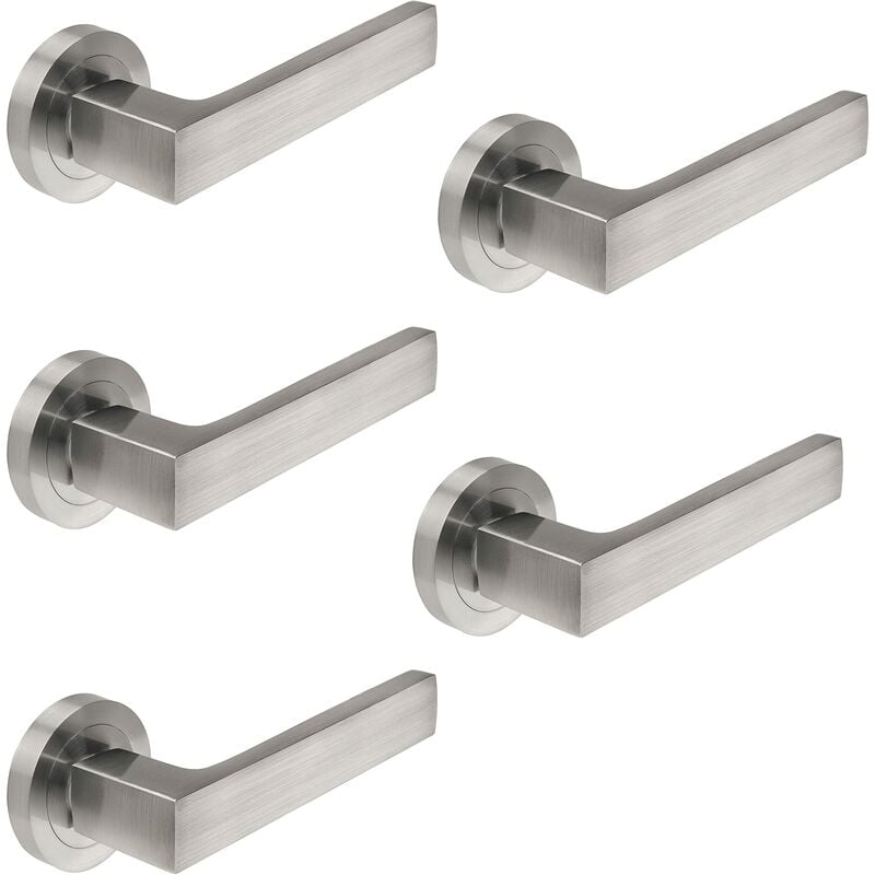 foto del prodotto maniglie porta interna, set di 5 coppie di maniglie per porta da interno con rosetta d.50 mm, alluminio, nickel satinato. emuca