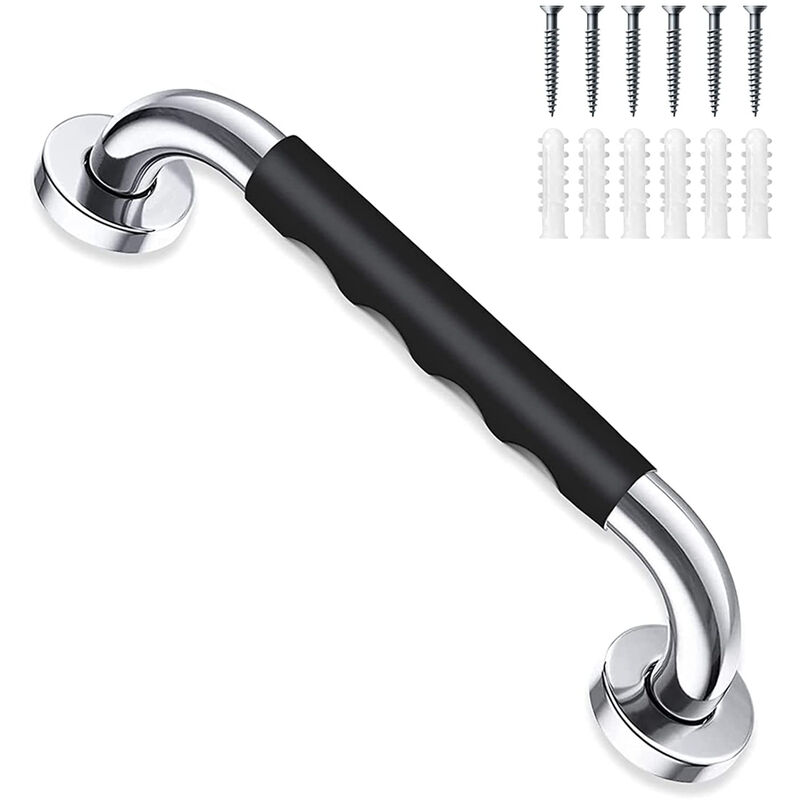 foto del prodotto maniglione sostegno bagno con gomma antiscivolo 30cm barre sicurezza acciaio inox per disabile anziano bambino nero