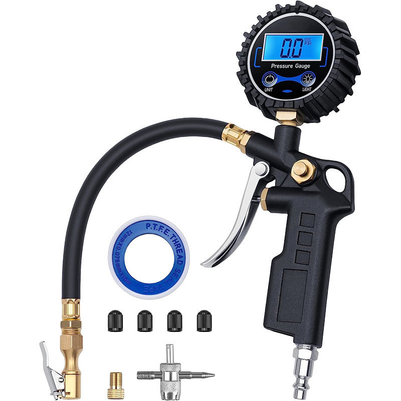 foto del prodotto manometro digitale per pneumatici con gonfiatore, mandrino ad aria compressa da 250 psi e compressore, accessorio per impieghi gravosi con attacco