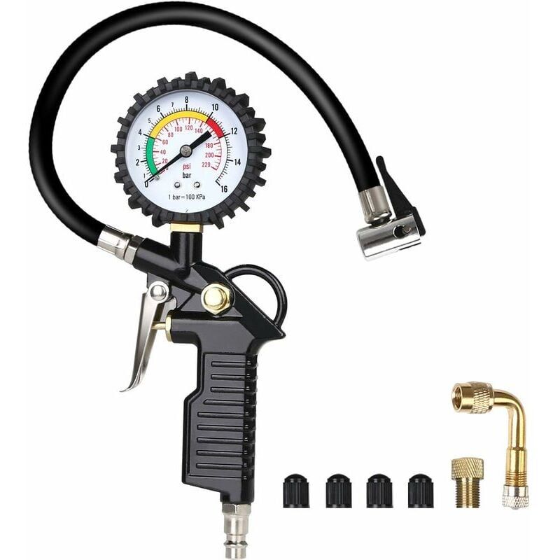 foto del prodotto manometro per pneumatici, manometro digitale per pneumatici, pistola gonfiatrice per pneumatici con 4 cappucci valvola adattatore per ugello aria
