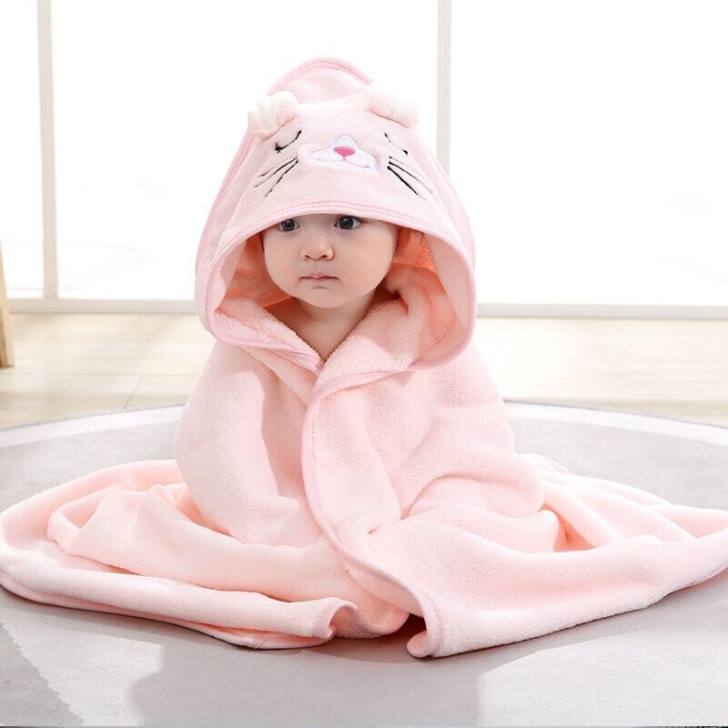 foto del prodotto mantella da bagno con cappuccio per neonati, asciugamano da bagno in cotone per neonati con motivo animali, telo da bagno per neonati gattino rosa 