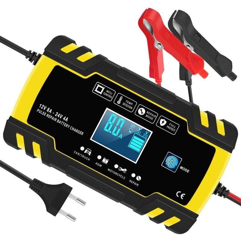 foto del prodotto mantenitore caricabatteria intelligente 8a 12v 24v con touch screen lcd protezioni di riparazione multiple per auto, camion agm gel wet sla