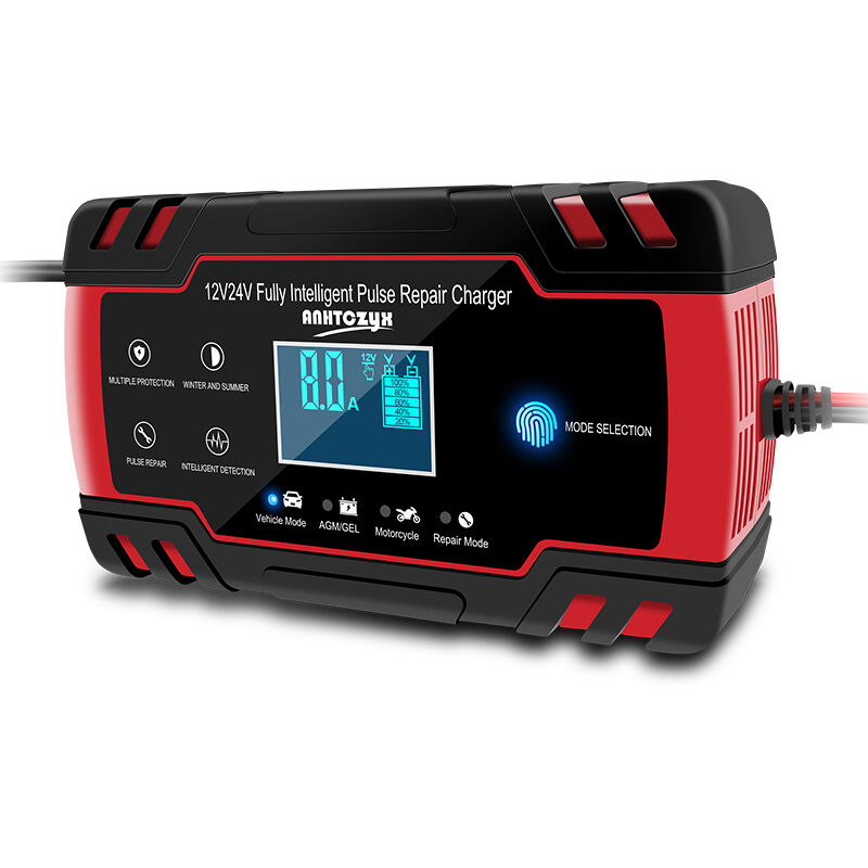 foto del prodotto mantenitore caricabatteria intelligente 8a 12v 24v con touch screen lcd protezioni di riparazione multiple per auto, camion agm gel wet sla