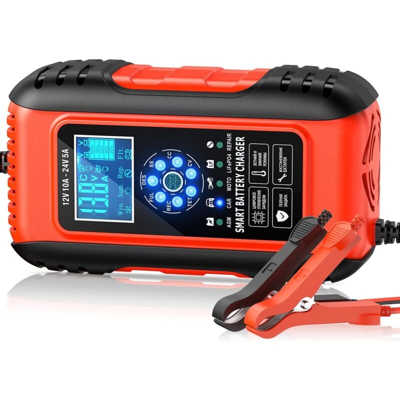 foto del prodotto mantenitore di carica per batteria per auto 12v10a 24v5a, caricabatteria per batteria al litio e funzione di riparazione automatica portatile con