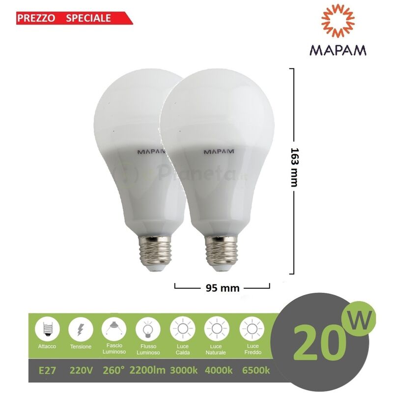 foto del prodotto mapam x2 lampadina led 20w e27 bulbo sfera attacco grande 220v luce bianco naturale calda luce calda 20