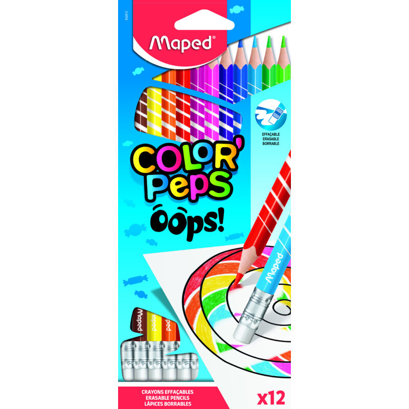 foto del prodotto maped color'peps oops - pastelli cancellabili triangolari con gomma, 12 colori