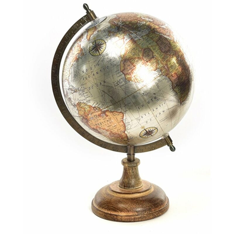 foto del prodotto mappamondo con piedistallo in legno decorazione per ambienti h 32,5 cm argento