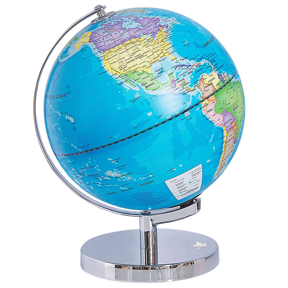 foto del prodotto mappamondo decorativo blu argento supporto in metallo feltrino led mappa stella 24 cm