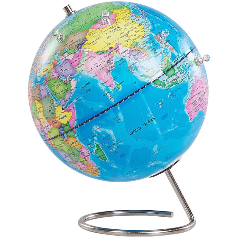 foto del prodotto mappamondo in plastica blu supporto acciaio inossidabile e magneti cartier