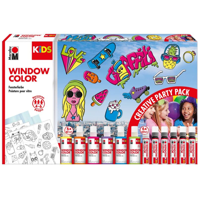 foto del prodotto marabu kids window color party 0306000000101 set di vernice per finestre, 6 flaconi x 80 ml e 6 flaconi x 25 ml, 10 pellicole da pittura e 4