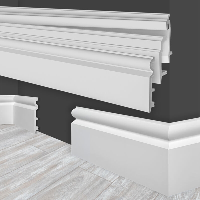 foto del prodotto marbet design - battiscopa hdps in plastica bianca listelli per pavimenti plastico listelli luminosi illuminazione indiretta a led hf-2 - 120x15 mm