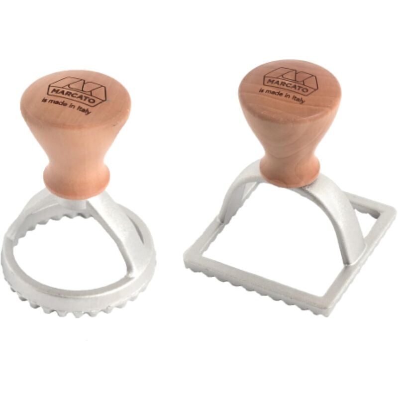 foto del prodotto marcato kit stampi per ravioli e biscotti, forme per ravioli, formine per biscotti, in legno massello e alluminio prossofuso, stampino rotondo da