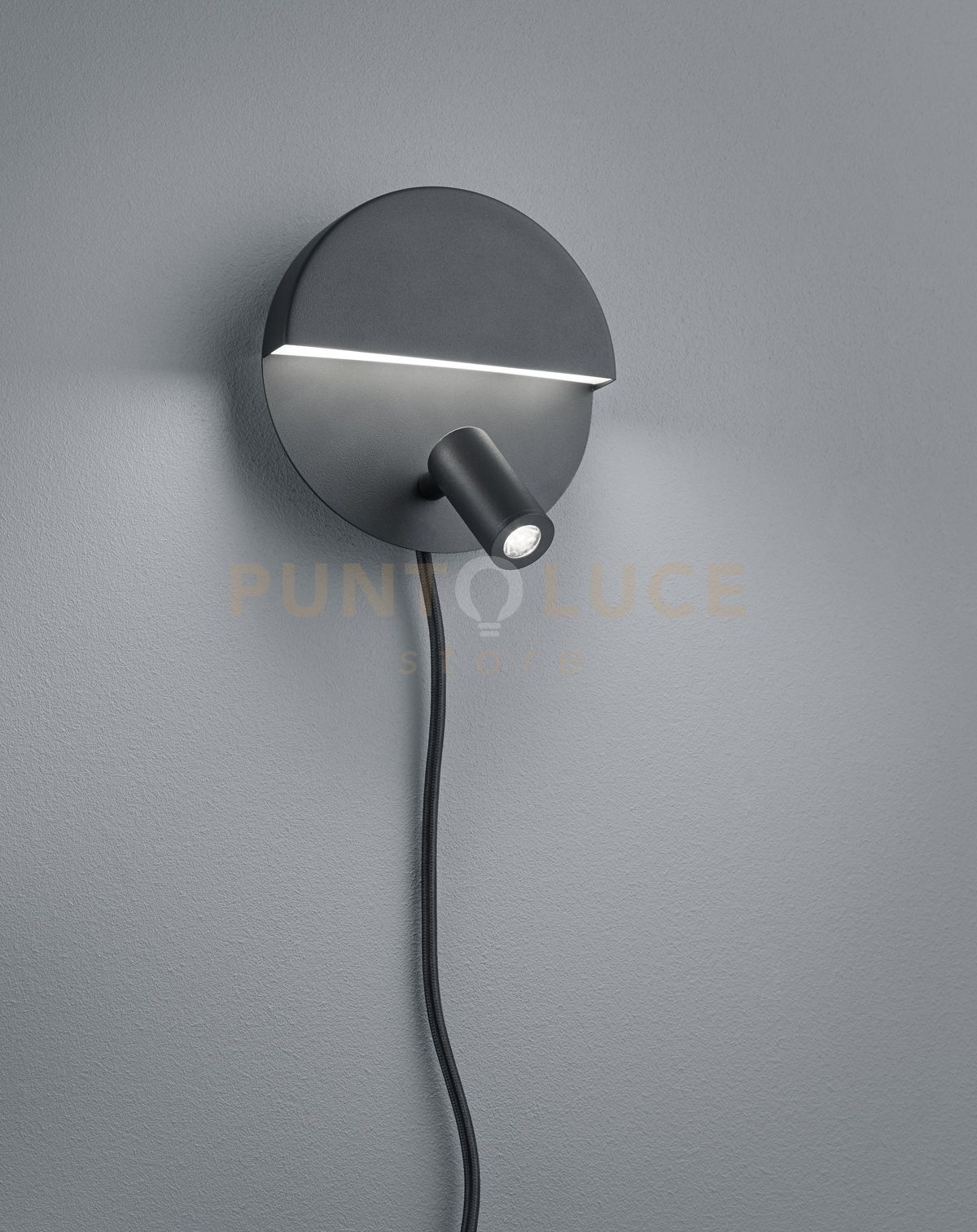 foto del prodotto mario applique tonda led 2,3w 200lm 6w 600lm, 3000k doppia emissione con faretto orientabile nero opaco con interruttore e doppia accensione d. 16cm