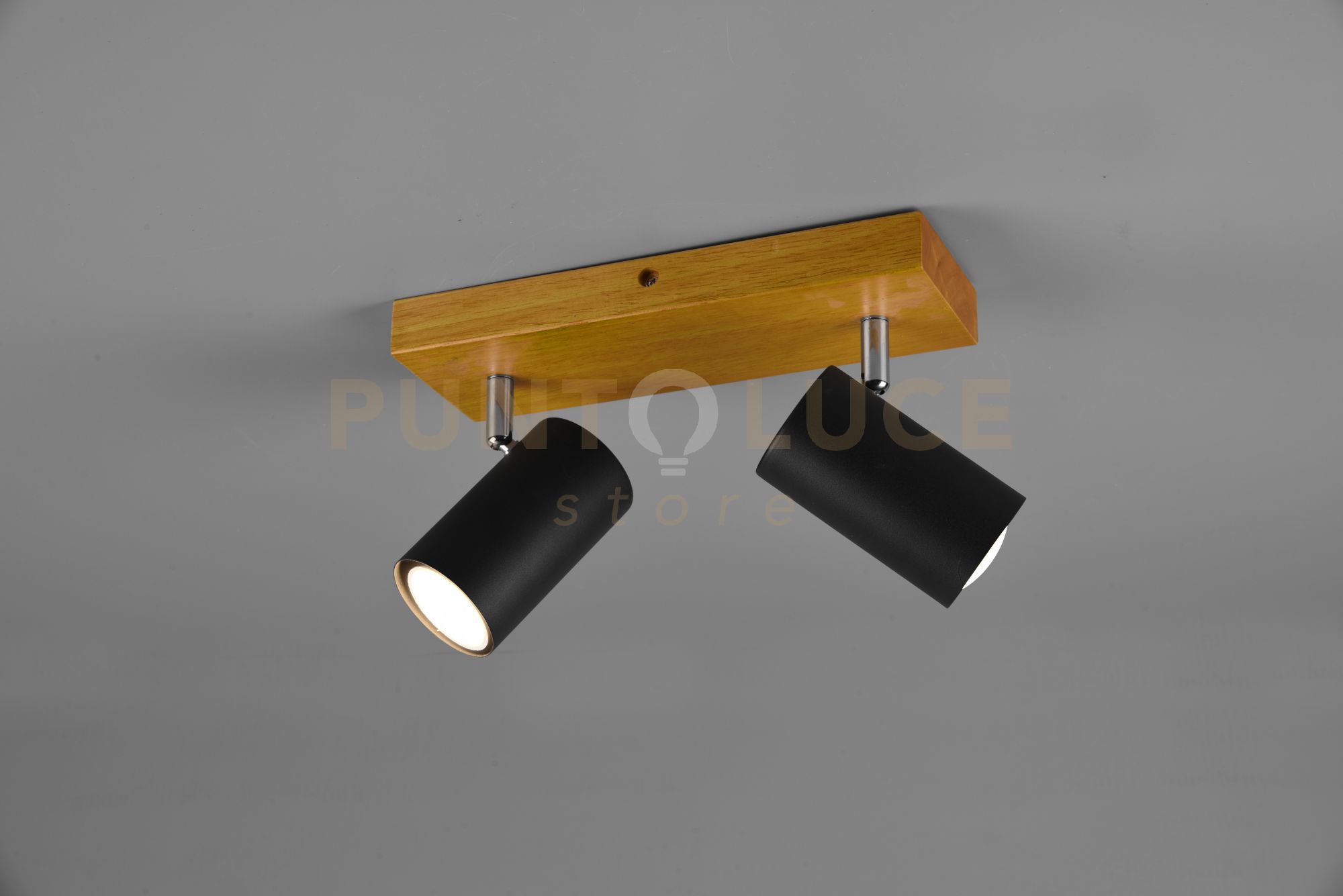 foto del prodotto marley barra 2 spots cilindri neri base legno naturale l. 26cm2 luci attacco gu10