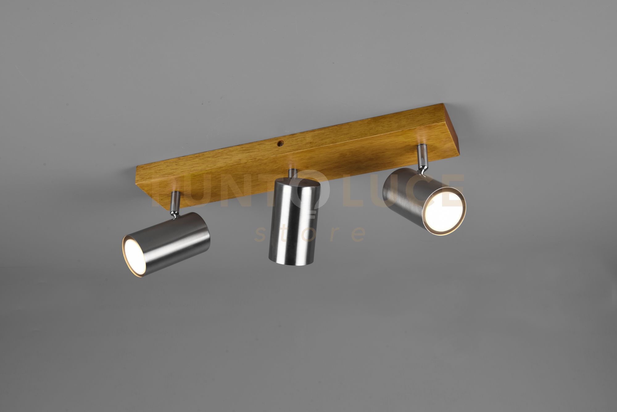 foto del prodotto marley barra 3 spots cilindri acciaio base legno naturale l. 44cm 3 luci attacco gu10