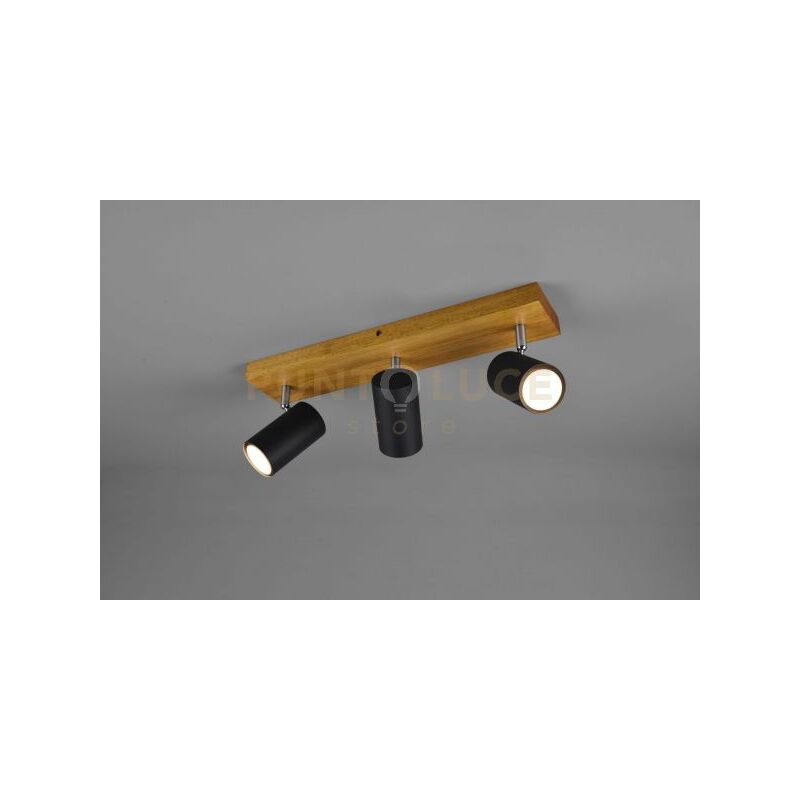 foto del prodotto marley barra 3 spots cilindri neri base legno naturale l. 44cm 3 luci attacco gu10