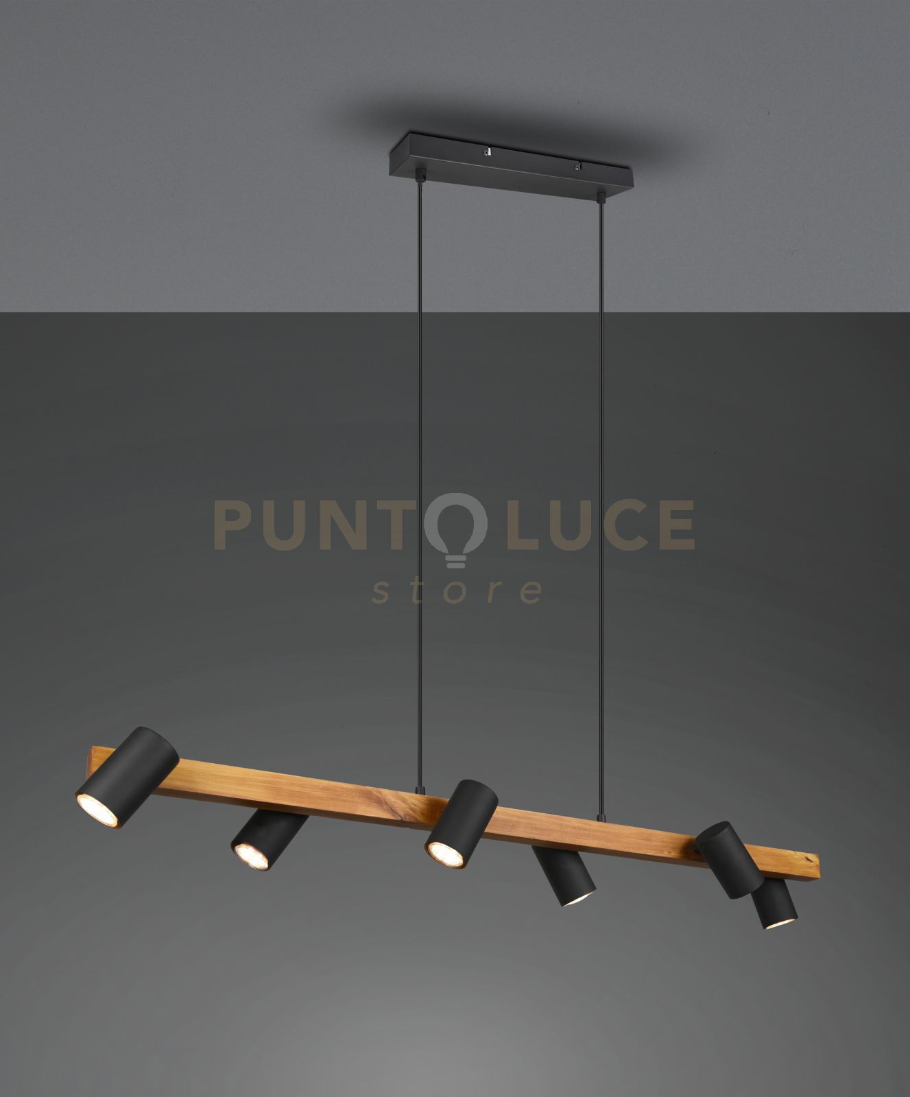 foto del prodotto marley sospensione rettangolare con barra legno 6 cilindri nero opaco l. 115cm attacco gu10