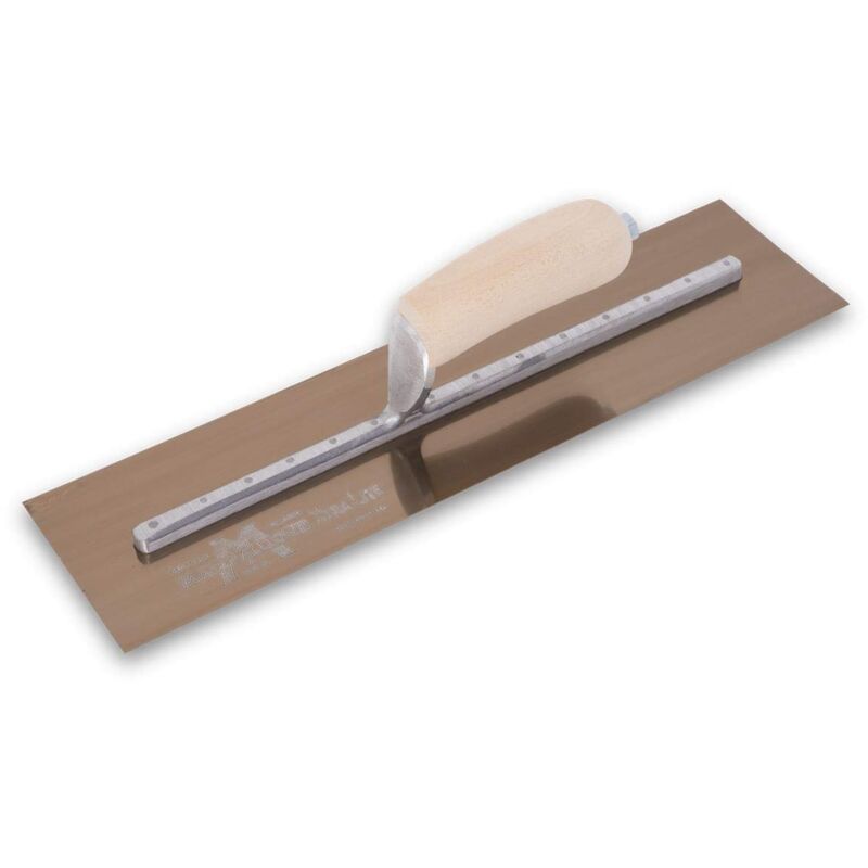 foto del prodotto marshalltown frattazzo lisciante con manico curvo in legno, in acciaio dorato, molto adatto per pavimenti e calcestruzzo, dimensioni 406x102 mm