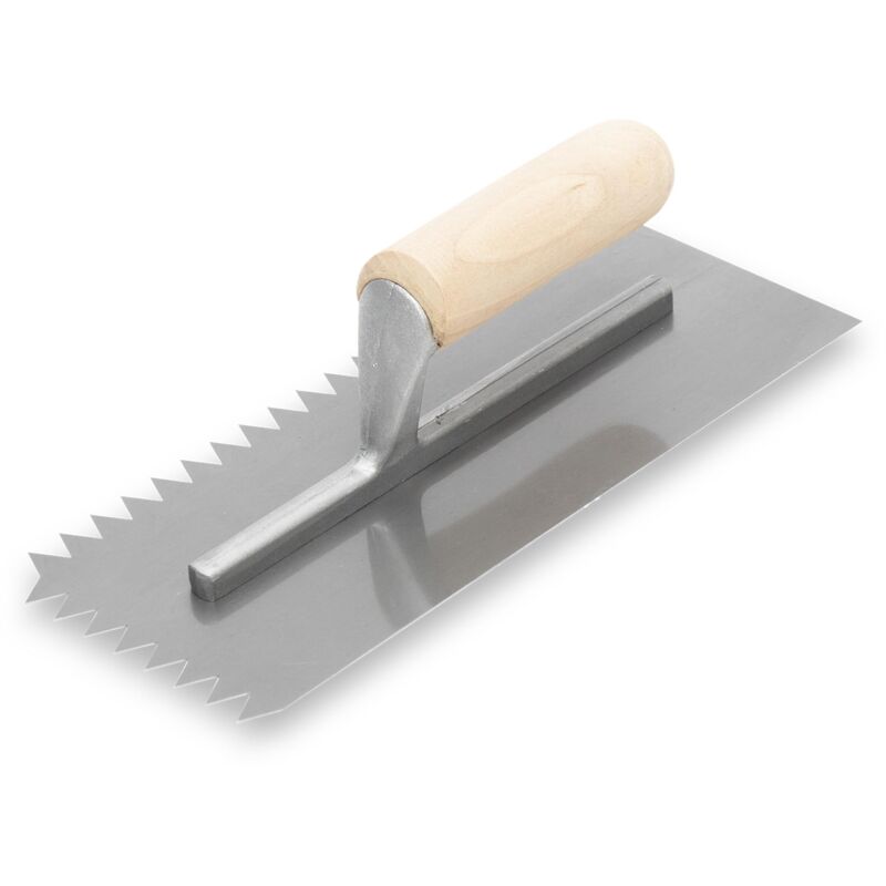 foto del prodotto marshalltown spatola dentata tacca v 13x12 mm con manico in legno, in acciaio, per piastrellisti, dimensioni 279x114 mm