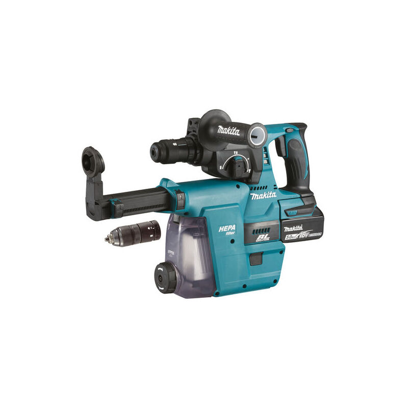 foto del prodotto martello combinato a batteria dhr243rtjw, sds plus 18v, 2x 5,0 ah e caricabatterie aspiratore dx07