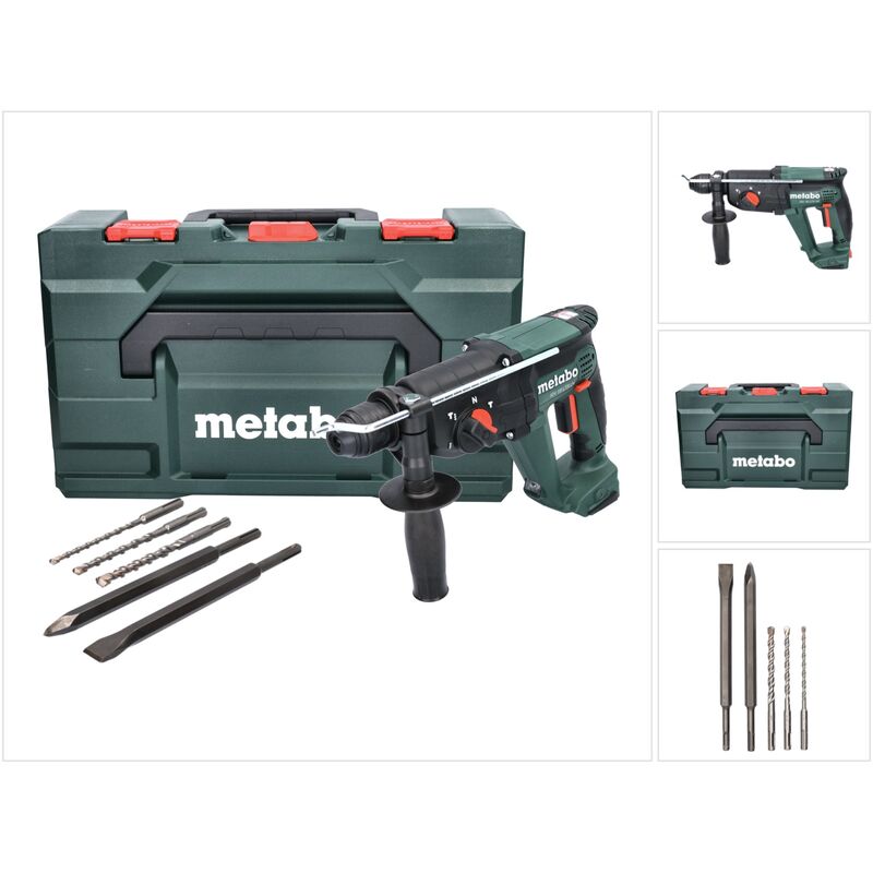 foto del prodotto martello combinato a batteria metabo kh 18 ltx 24 18 v 2,1 j sds plus set di punte e scalpelli da 5 pezzi metabox senza batteria, senza