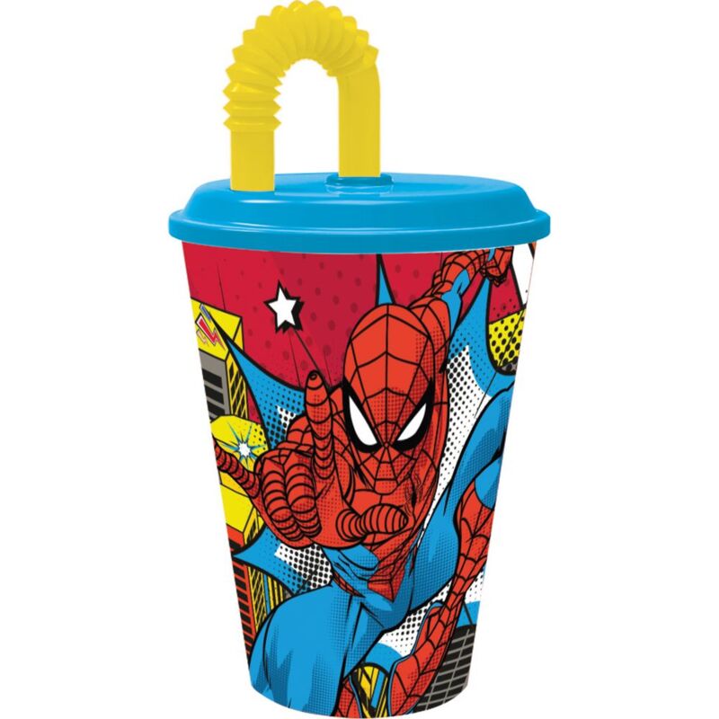 foto del prodotto marvel bicchiere azzurro e giallo per bambini in plastica spiderman uomo ragno 430 ml con cannuccia e coperchio flessibile