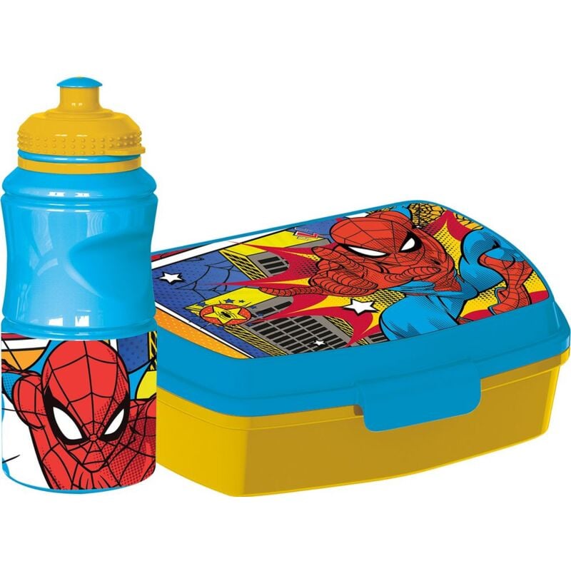 foto del prodotto marvel set borraccia da 380 ml e sandwich box blu per bambini in plastica spiderman con banda antiscivolo e chiusura di sicurezza