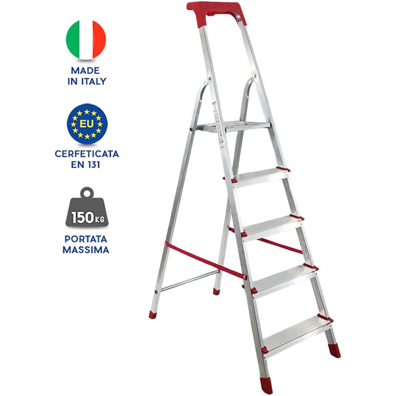 foto del prodotto marvin scala domestica in alluminio martina leggera portatile scaletto vaschetta portaoggetti pieghevole robusta salvaspazio made in italy 5 gradini
