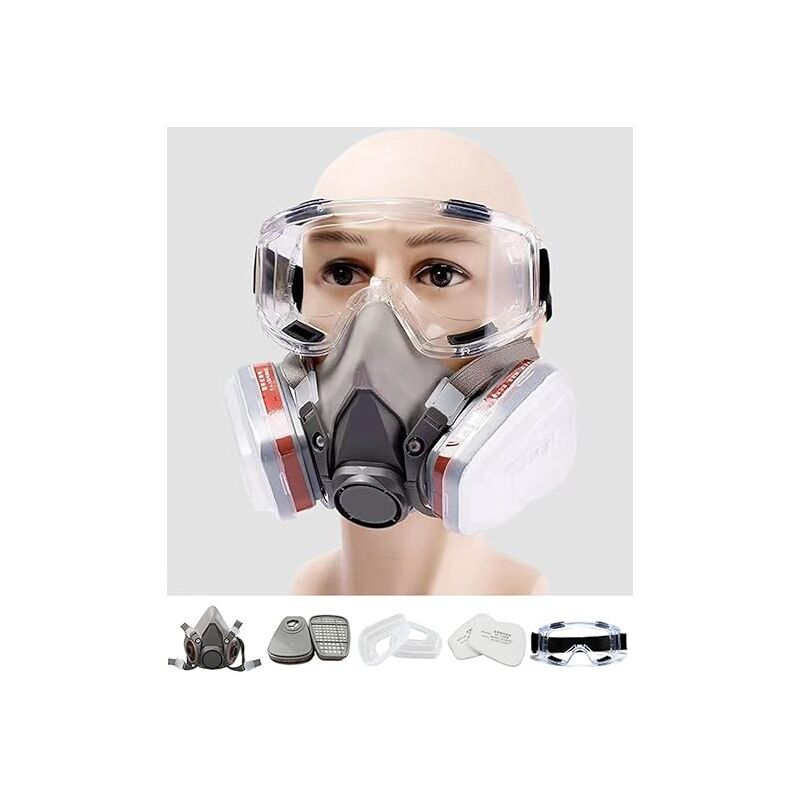 foto del prodotto maschera antipolvere con filtri e occhiali protettivi, maschera di protezione respiratoria riutilizzabile per spruzzatura, verniciatura, edilizia,