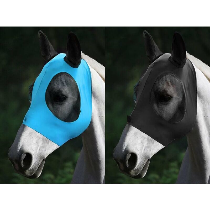 foto del prodotto maschera elastica anti mosche per cavalli con orecchie, rete traspirante in lycra, copertura visibile, protegge occhi e orecchie da insetti, polvere