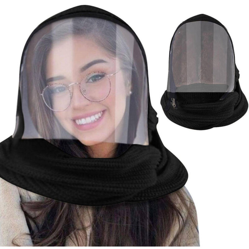 foto del prodotto maschera integrata per viso trasparente cappello caldo sciarpa zipper flip cover trade shop traesio
