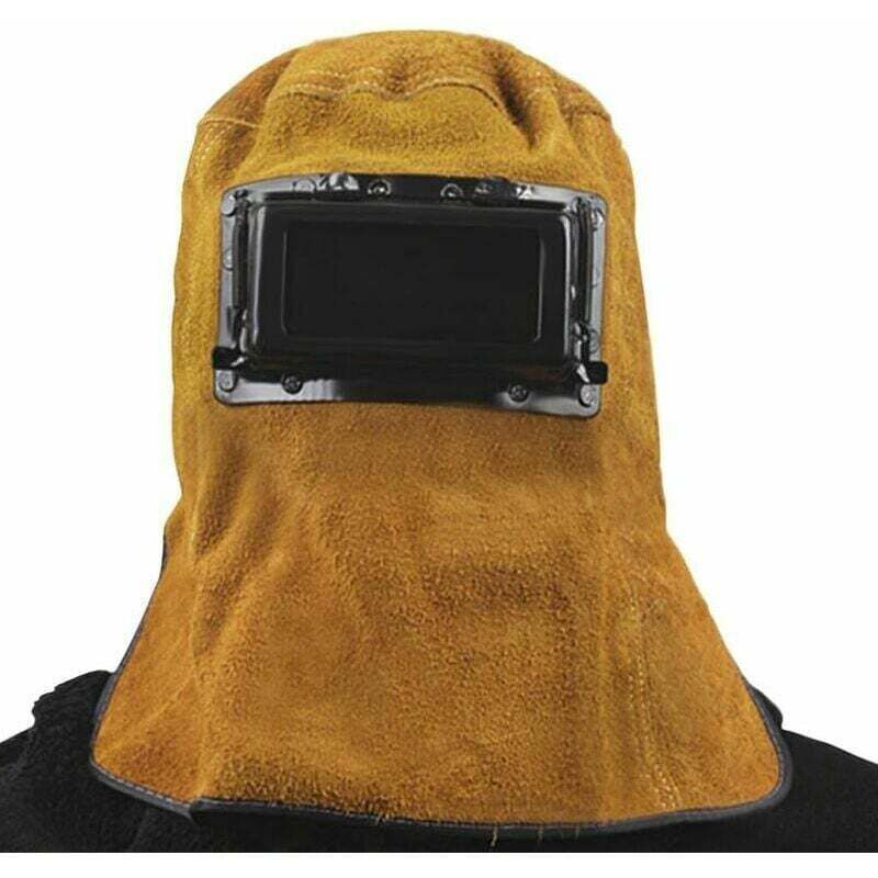 foto del prodotto maschera per saldatura a forma di cappuccio, casco per saldatore, cappuccio protettivo in pelle, maschera comoda con occhiali protettivi, protezione