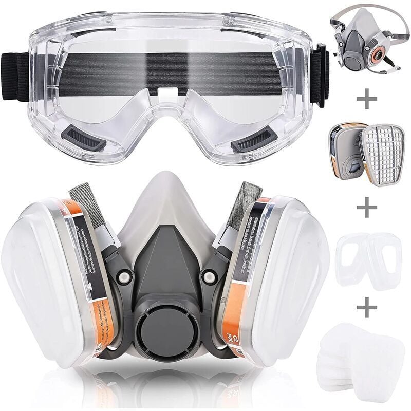 foto del prodotto maschera protettiva respiratoria riutilizzabile, antipolvere con filtri, occhiali protettivi per verniciatura, polvere, levigatura, saldatura, fai da