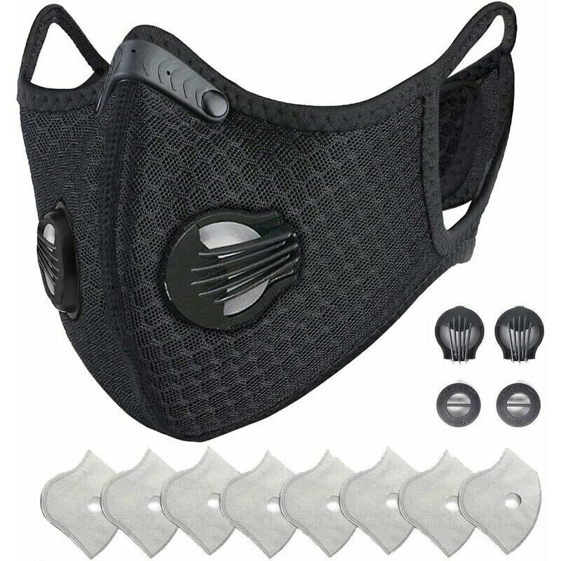 foto del prodotto maschera protettiva riutilizzabile antipolvere, protezione sportiva m con filtro a carbone attivo e valvole/per motociclismo, ciclismo, corsa e attività all'aperto (1 nero + 8 fi
