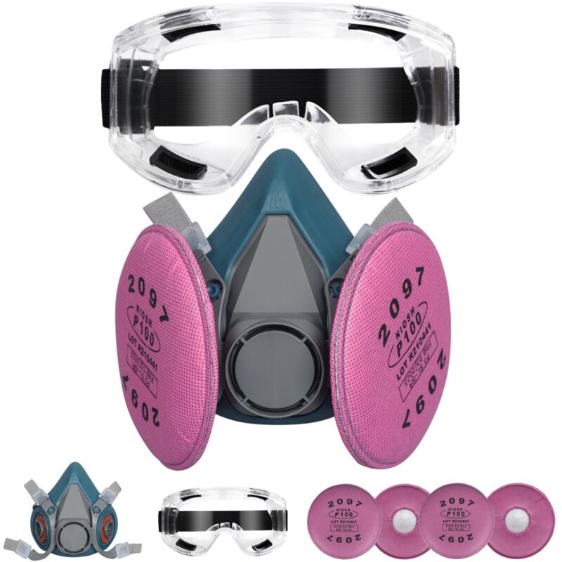 foto del prodotto maschera respiratoria riutilizzabile a mezza faccia con 4 filtri 2097 e occhiali protettivi, per verniciatura, polvere, lavorazione del legno e gas