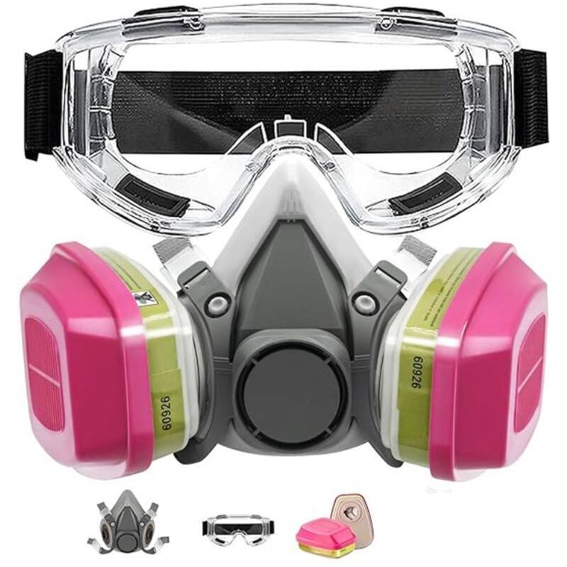 foto del prodotto maschera respiratoria riutilizzabile con filtri e occhiali protettivi, maschera antigas e antipolvere, respiratore a mezza faccia per verniciatura,