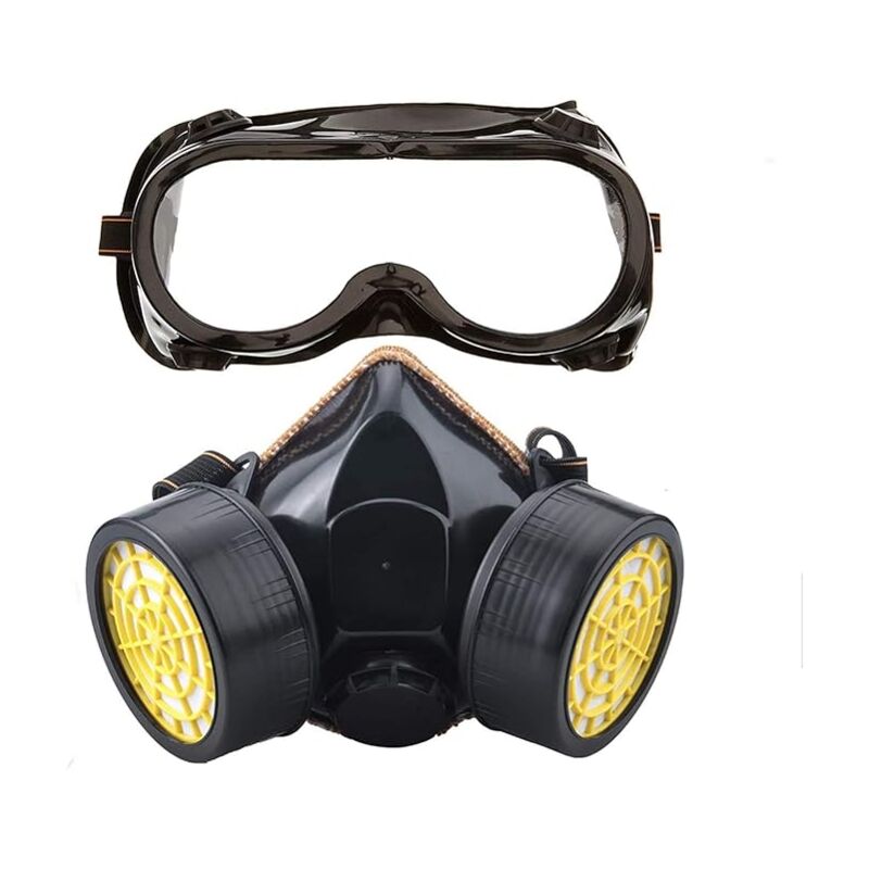 foto del prodotto maschera respiratoria, set respiratore riutilizzabile, maschera chimica antipolvere e antigas con occhiali di sicurezza per verniciatura, levigatura