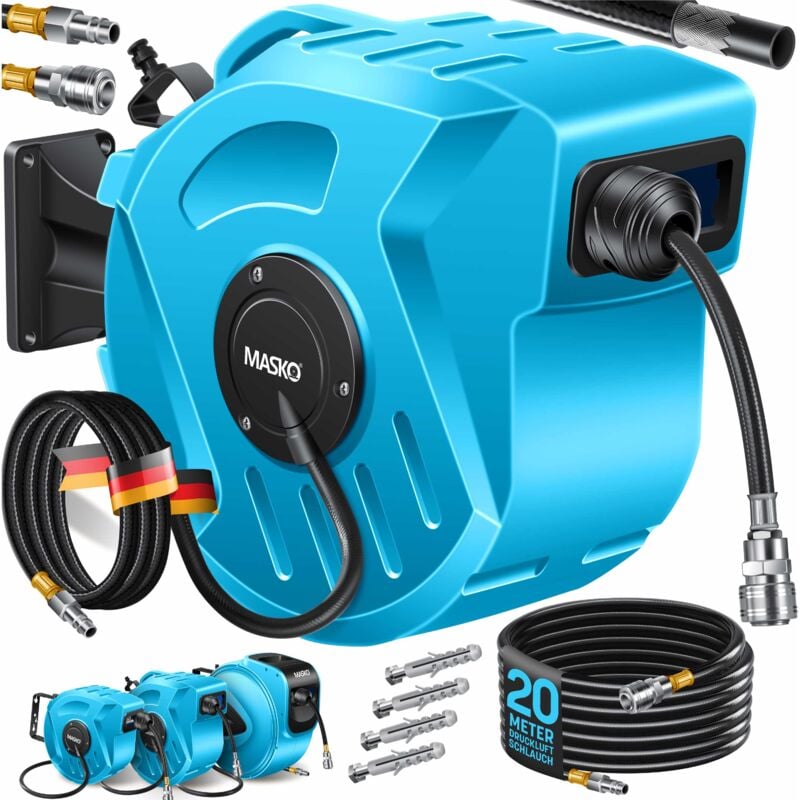 foto del prodotto masko avvolgitubo automatico per aria compressa con attacco da 1 4 avvolgitubo a parete portagomma avvolgitubo per aria compressa blu 20m