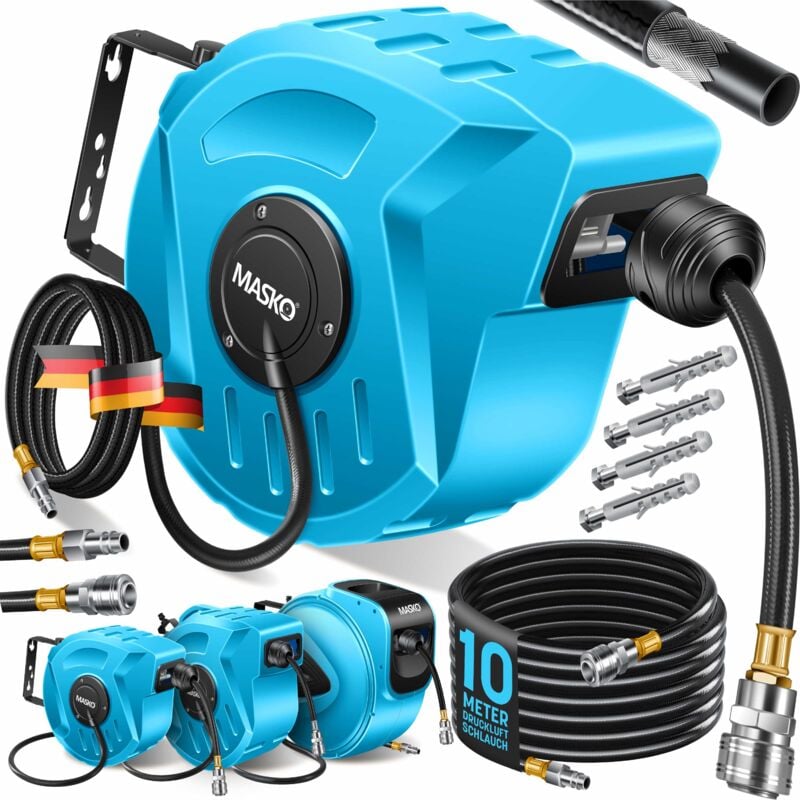 foto del prodotto masko avvolgitubo per aria compressa con attacco automatico da 1 4 avvolgitubo a parete portagomma avvolgitubo per aria compressa blu 10m
