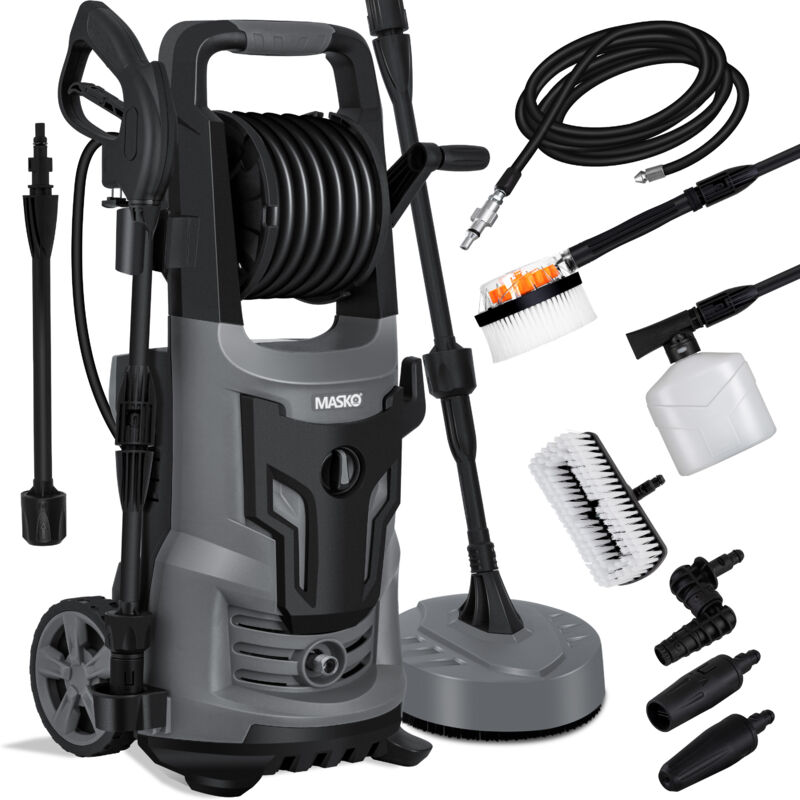 foto del prodotto masko idropulitrice 2200 watt 165 bar 450 l h con avvolgitubo 10m tubo 9 pz. set accessori con bottiglia sapone ugello schiuma grigio