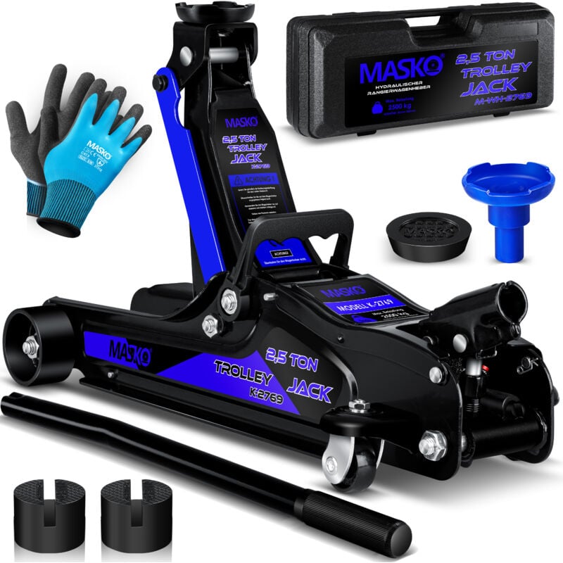 foto del prodotto masko martinetto idraulico per auto, altezza di sollevamento piatta, 2x supporto in gomma, guanti, rulli idraulici a 360 , sottocassa blu 2,5