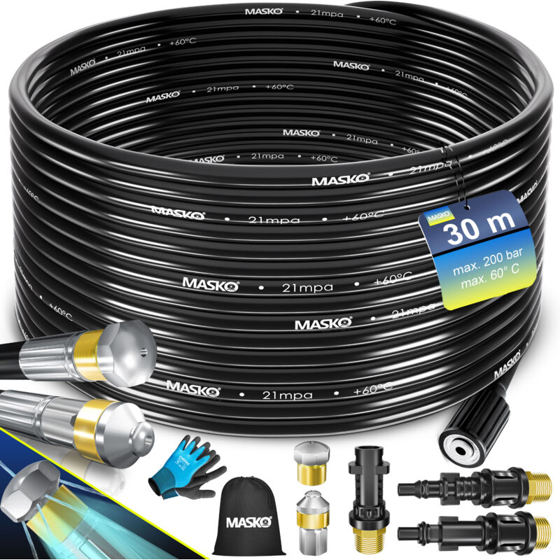 foto del prodotto masko premium set di tubi per la pulizia dei tubi di scarico 200 bar incl. borsa 3 adattatori 2 ugelli rotante compatibile con k rcher 30m nero