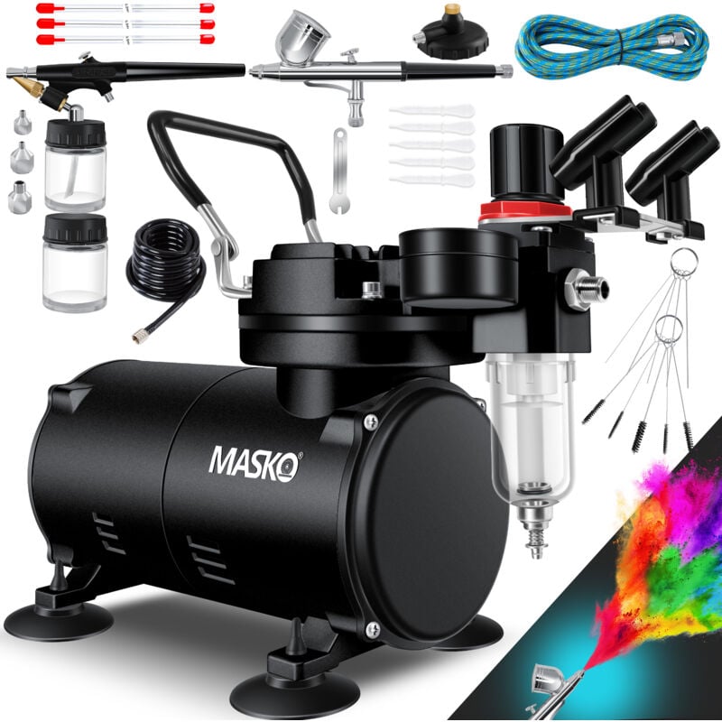 foto del prodotto masko set aerografo con compressore 4 bar incl. pistole aerografo pistola a spruzzo set completo pittura tattoo art aghi ugelli in accessori nero