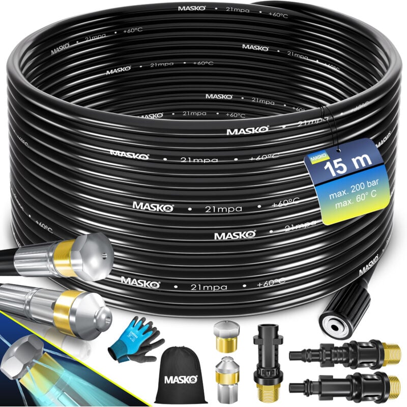 foto del prodotto masko set di tubi per la pulizia dei tubi di scarico 200 bar incl. sacchetto 3 adattatori 2 ugelli rotante compatibile con k rcher 15m nero