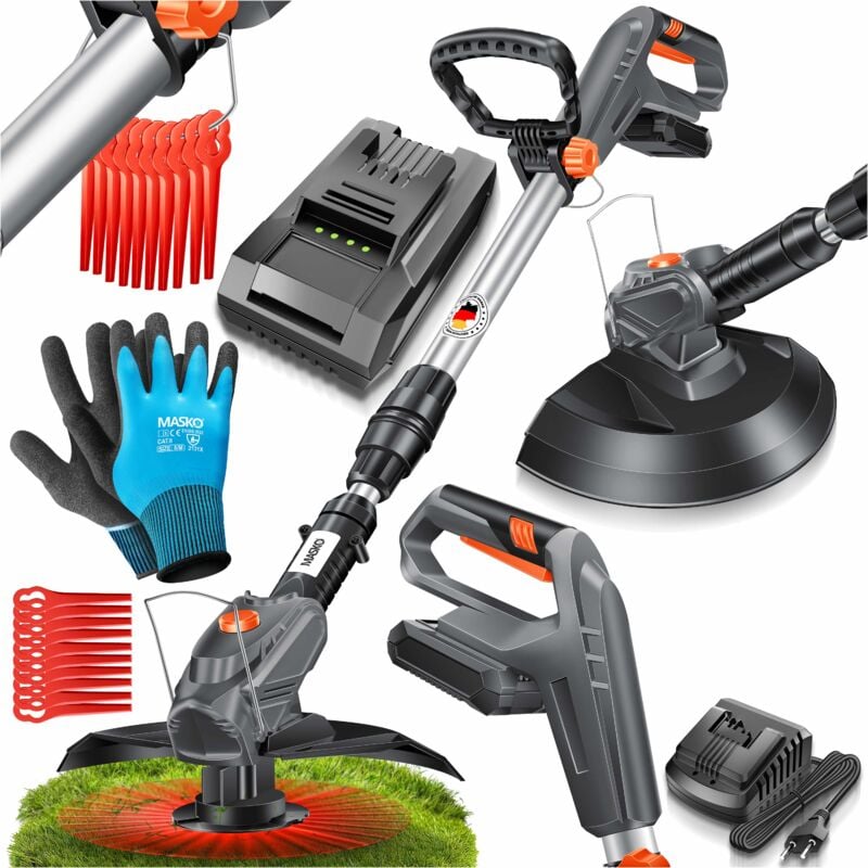 foto del prodotto masko tosaerba a batteria con batteria li da 20 v 2 0 ah e caricabatterie cerchio di taglio di 26 cm angolo di taglio di 180 manico telescopico e