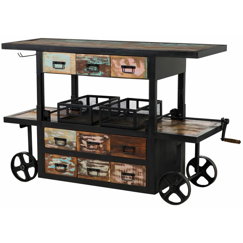 foto del prodotto massivmoebel24 industrial 17 mobile bar in legno riciclato e ferro laccato multicolore 168x56x85