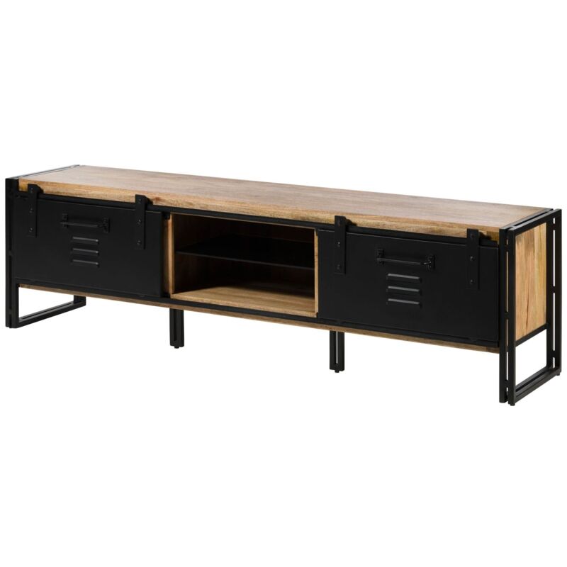 foto del prodotto massivmoebel24 mobile tv in legno di mango 200x45x55 laccato chiaro naturale ferro nero blackburn 101