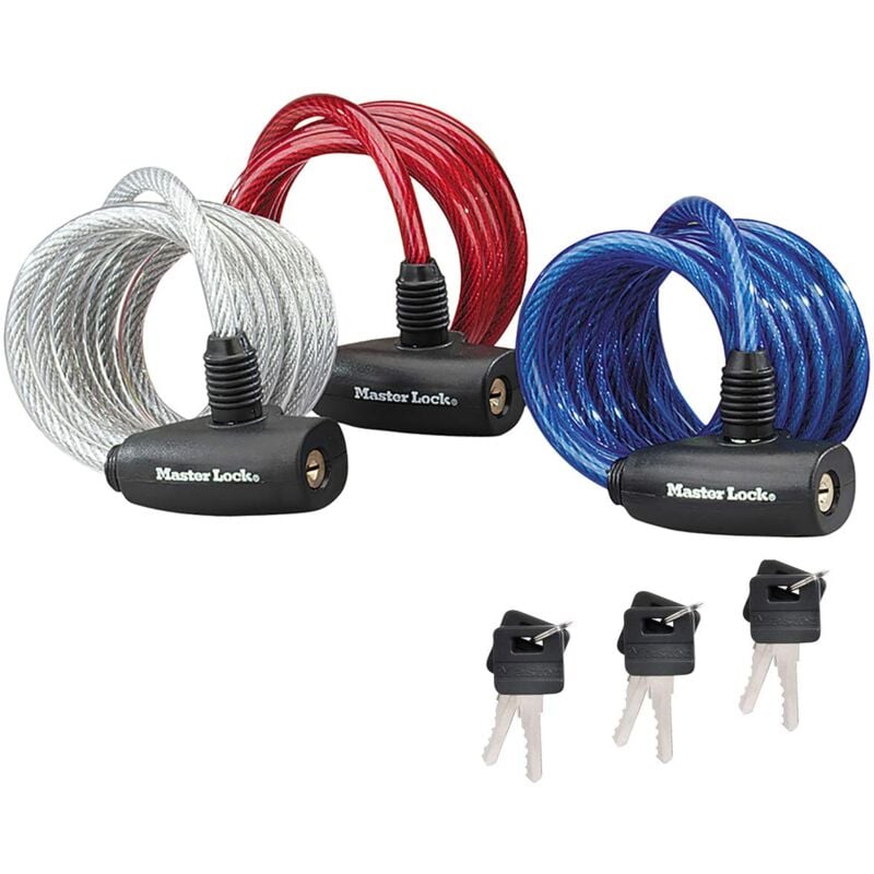 foto del prodotto master lock 8127eurtri lucchetto bici, chiave, 1.8 m cavo, esterno, set di 3, pack famiglia, ottimo per proteggere bicicletta, skateboard,